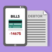 Ilustração de um smartphone ao lado de cartão de crédito, contas e documento financeiro sobre fundo roxo.
