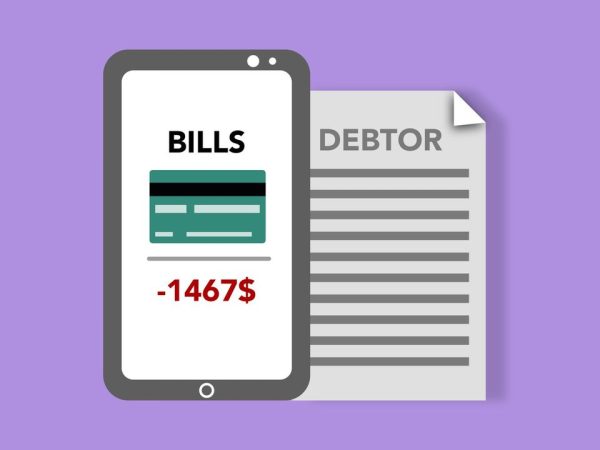 Ilustração de um smartphone ao lado de cartão de crédito, contas e documento financeiro sobre fundo roxo.